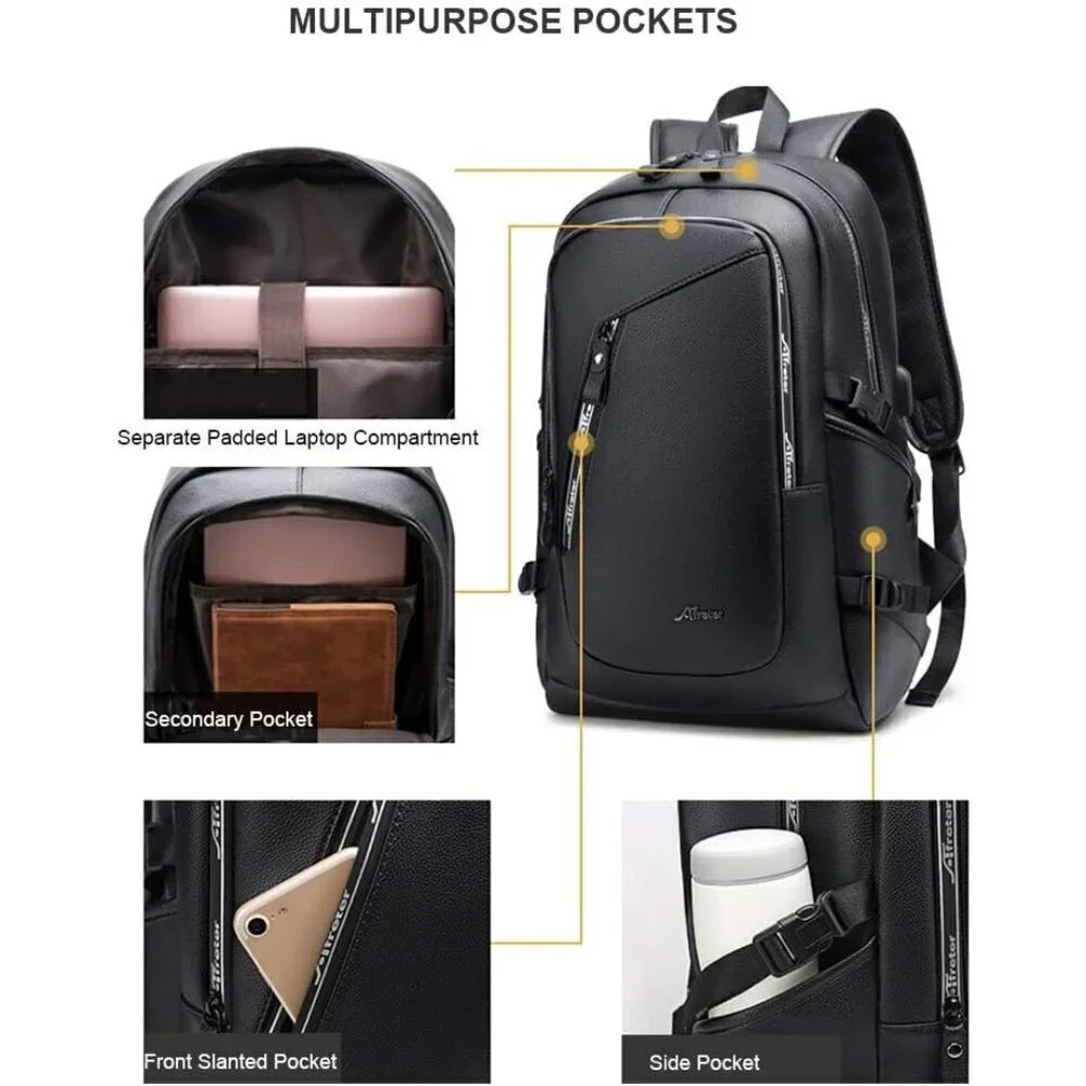 ✨DYJ Men Brown Vegan Leather Laptop Backpack Travel Daypacks with Port Laptop